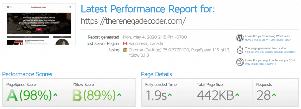 The Renegade Coder Homepage GTMetrix Report