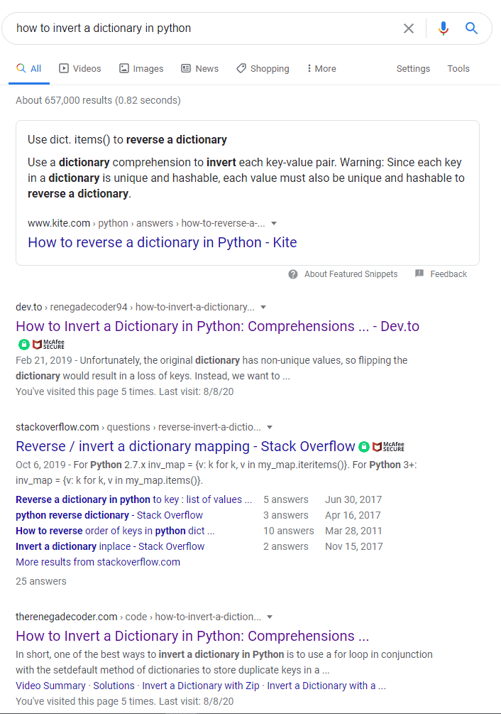 Google Search Results for How to Invert a Dictionary in Python