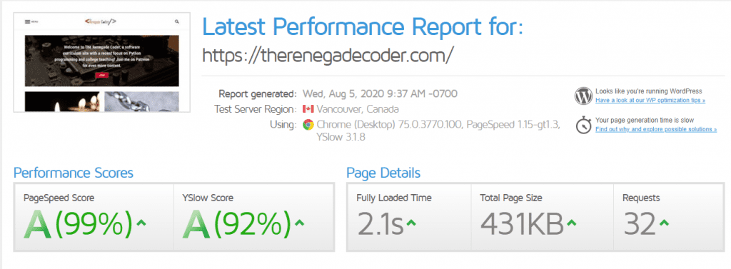 GTMetrix Stats for The Renegade Coder Homepage in 2020