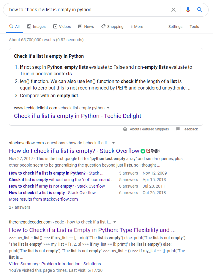 Google Search Results for How to Check If a List is Empty in Python
