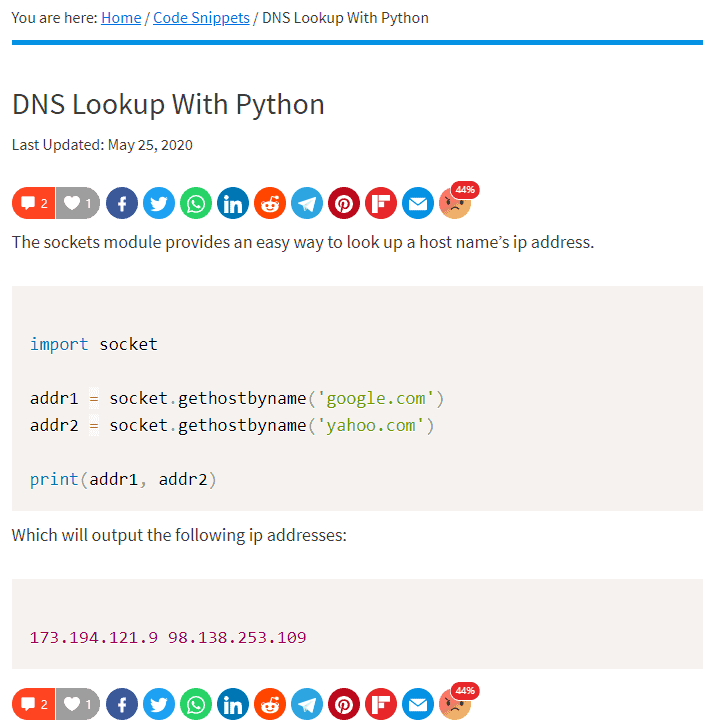 Python for Beginners DNS Lookup Article