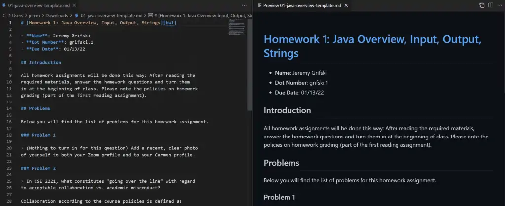 Markdown file and its clean preview side by side