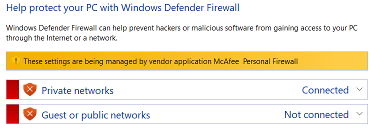 Windows firewall settings showing that firewall is managed by McAfee.