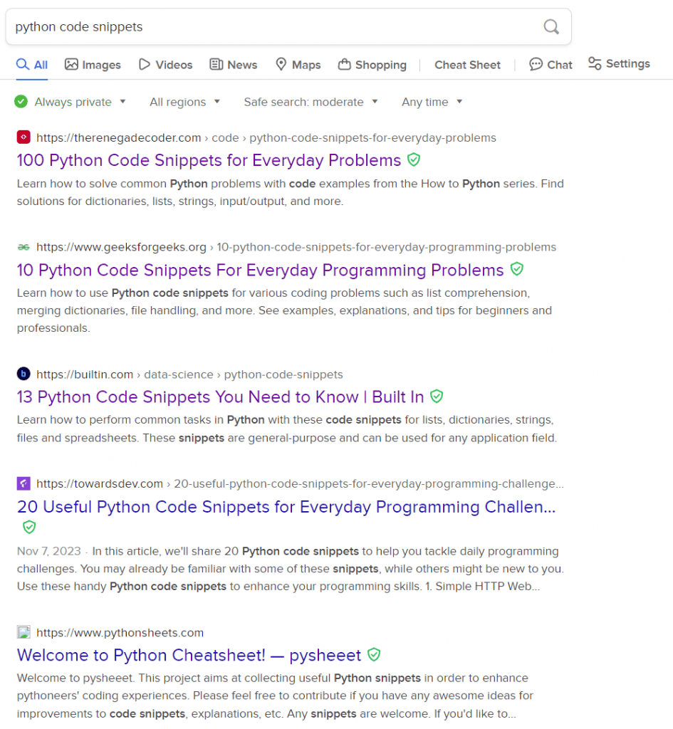 A screenshot of the DuckDuckGo search results for the query, 