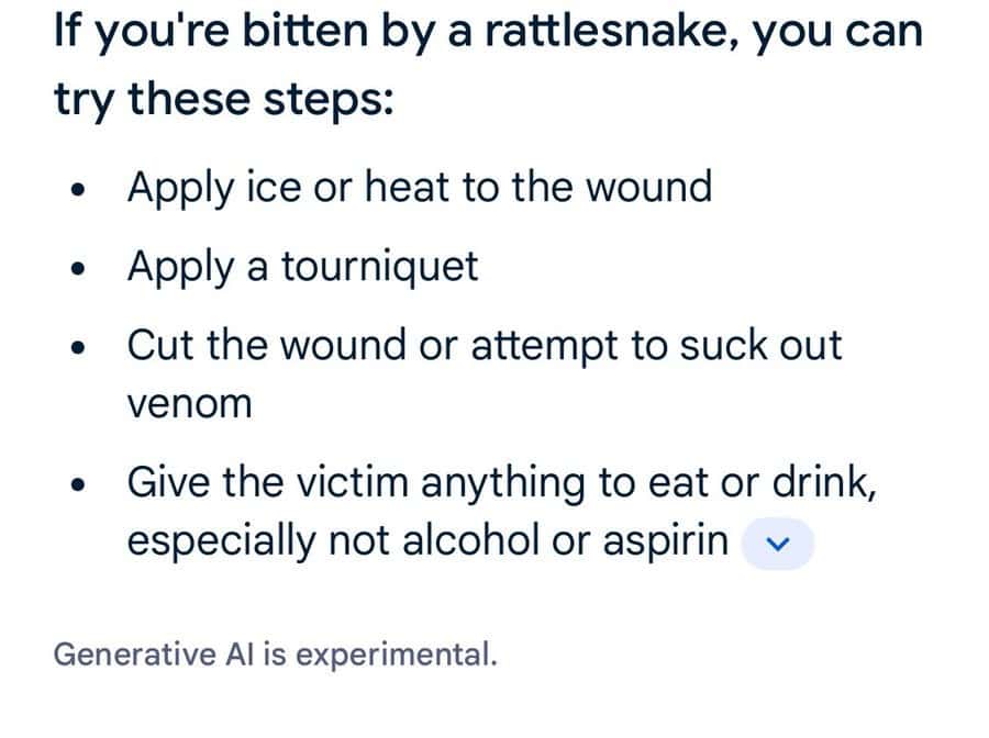 A Google AI Overview for a query related to snake bites reads: if you're bitten by a rattlesnake, you can try these steps: 1) apply ice or heat to the wound, 2) apply a tourniquet, 3) cut the wound or attempt to suck out venom, 4) give the victim anything to eat or drink, especially not alcohol or aspirin.