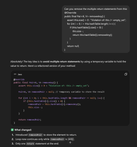 A screenshot of a response from ChatGPT to a request to reduce a code snippet to a single return statement. ChatGPT "solves" this problem by, in its words, "using a temporary variable to hold the value to return."
