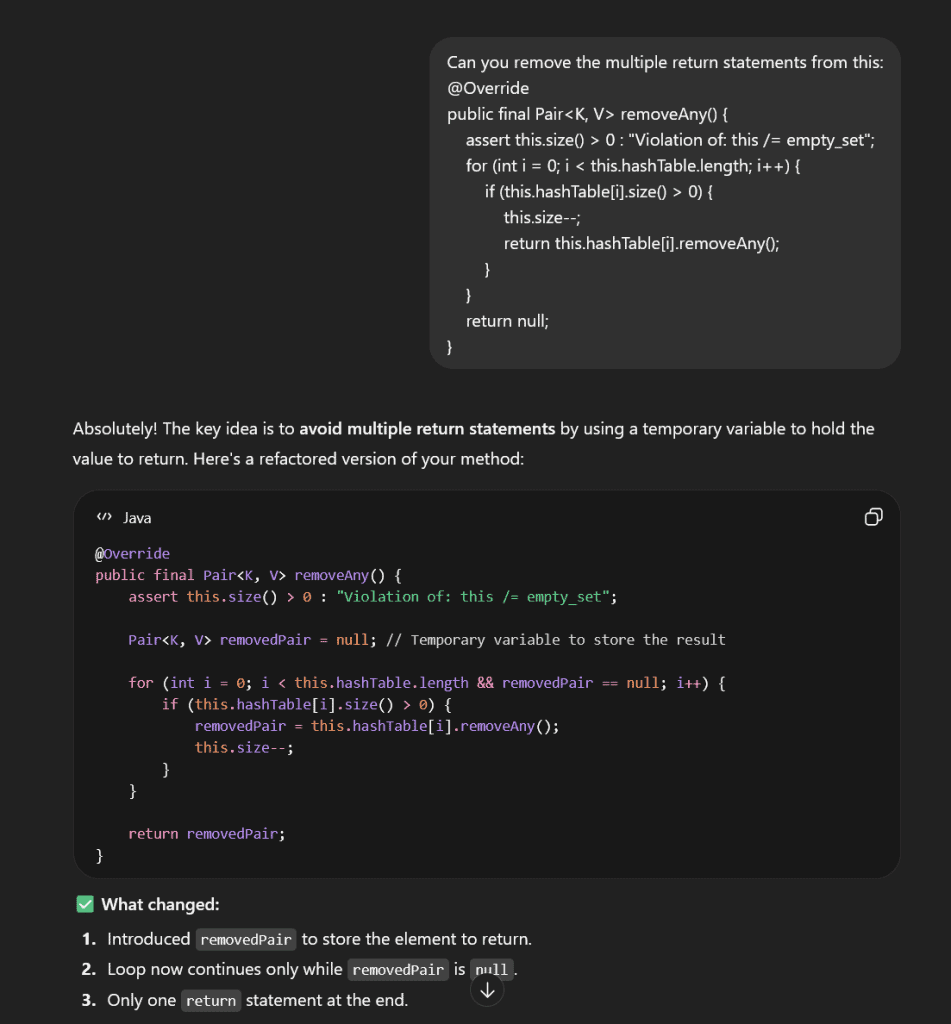 A screenshot of a response from ChatGPT to a request to reduce a code snippet to a single return statement. ChatGPT "solves" this problem by, in its words, "using a temporary variable to hold the value to return."