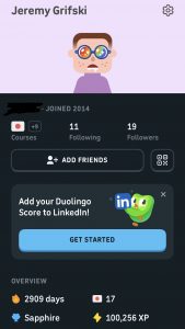 A photo of my Duolingo profile, which displays my 2,909 day streak.