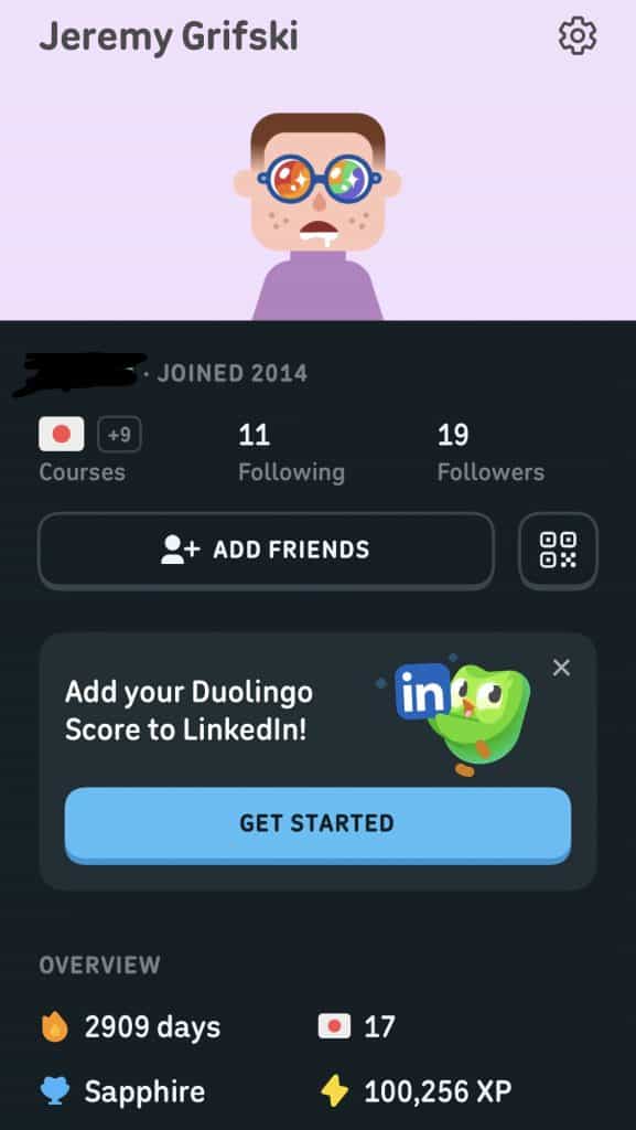 A photo of my Duolingo profile, which displays my 2,909 day streak.