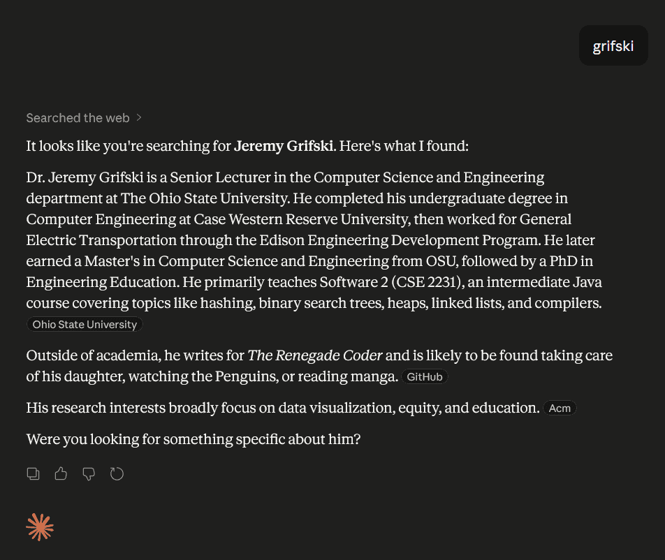A screenshot of Claude correctly aggregating data about myself.