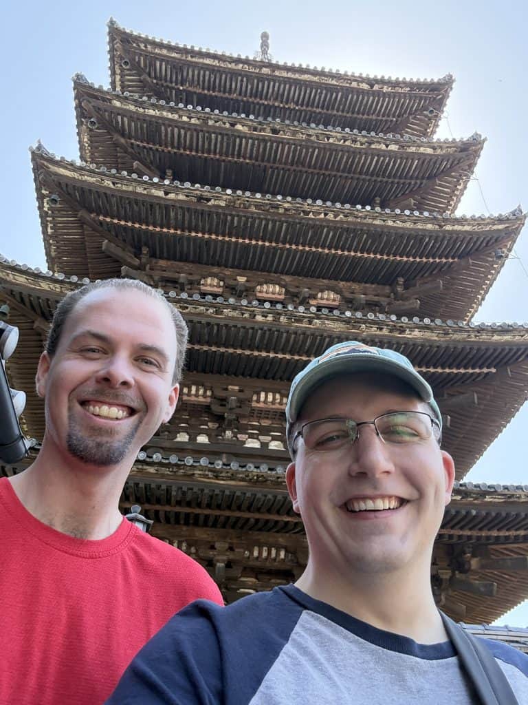 A photo of myself and my buddy at the five tier pagoda in Kyoto